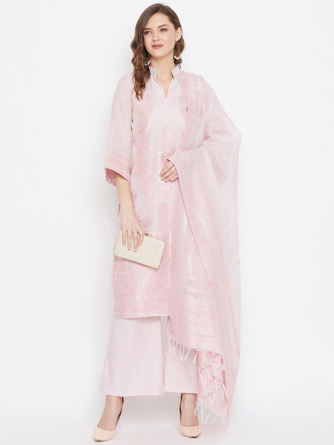 Safaa Women Pink & Silver Floral Woven Design Cotton Silk Zari Unstitched Dress Material Price in India