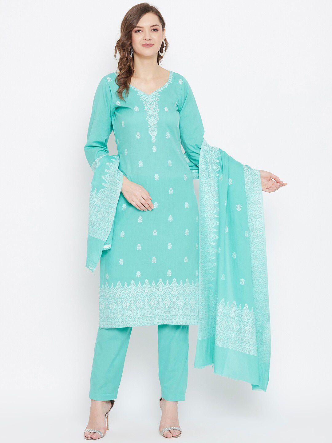Safaa Sea Green & White Unstitched Dress Material Price in India