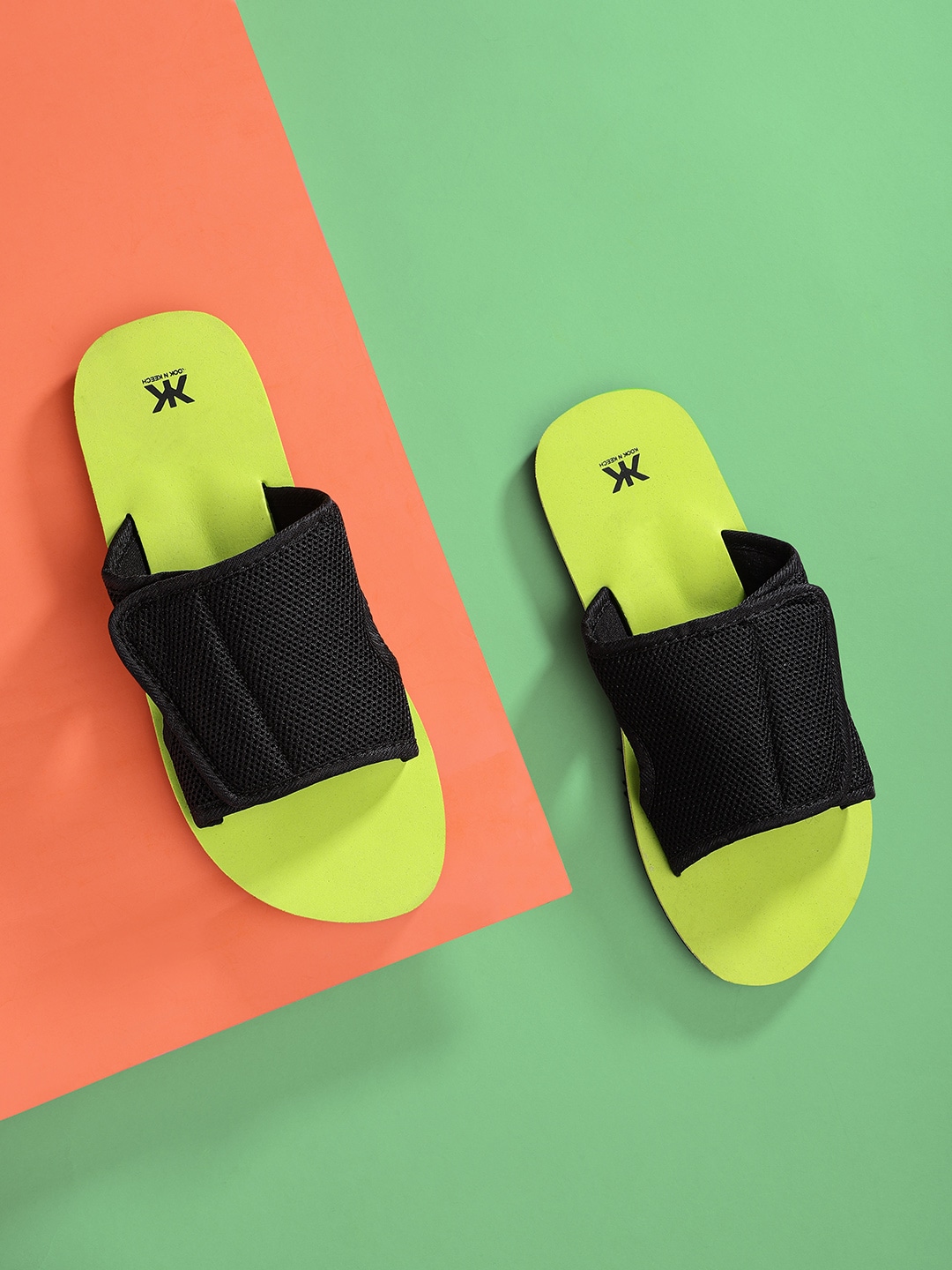 Kook N Keech Women Black & Fluorescent Green Slip-On Flip-Flops Price in India