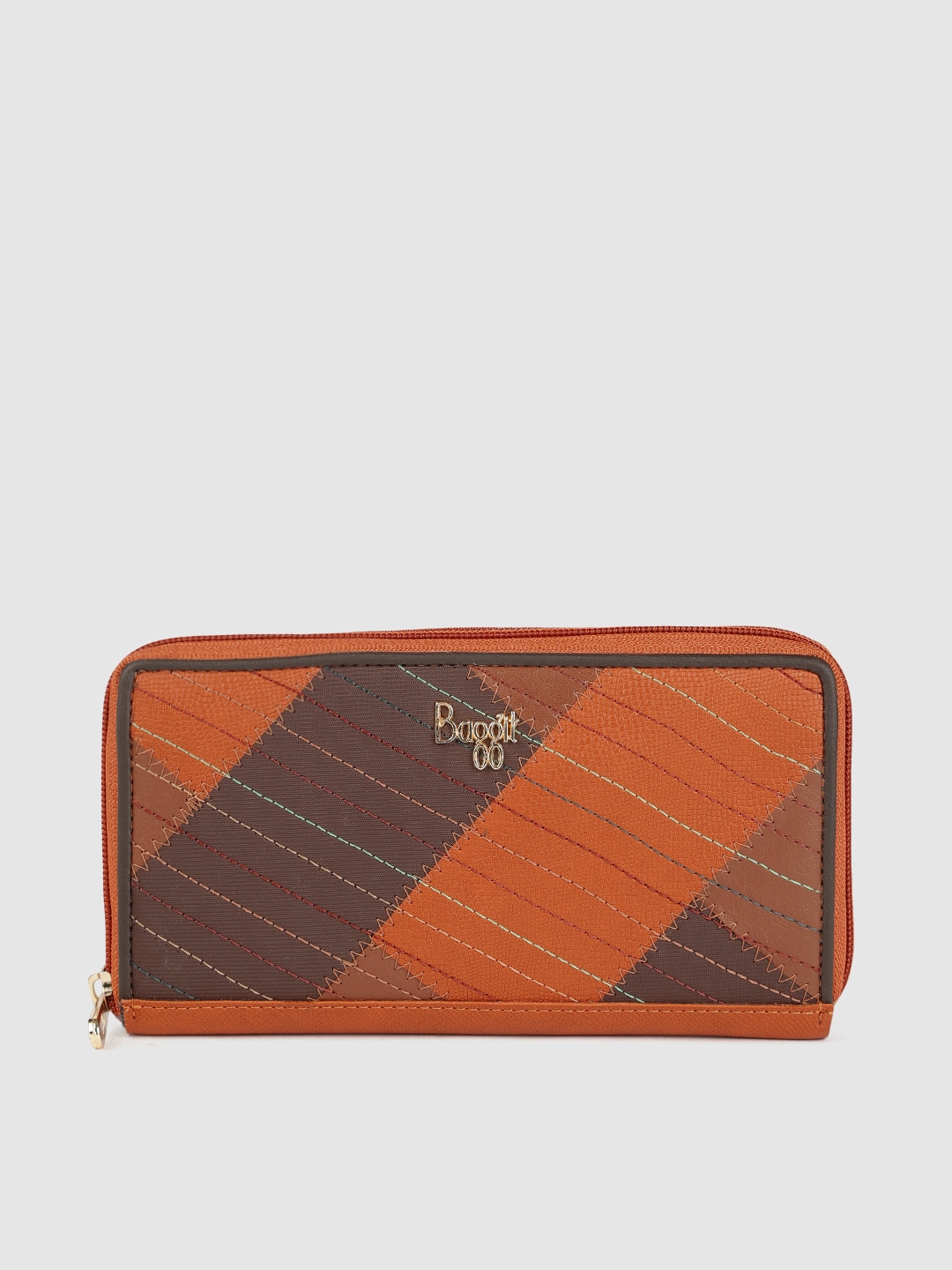 Baggit Women Orange & Brown Colourblocked Zip Around Wallet Price in India