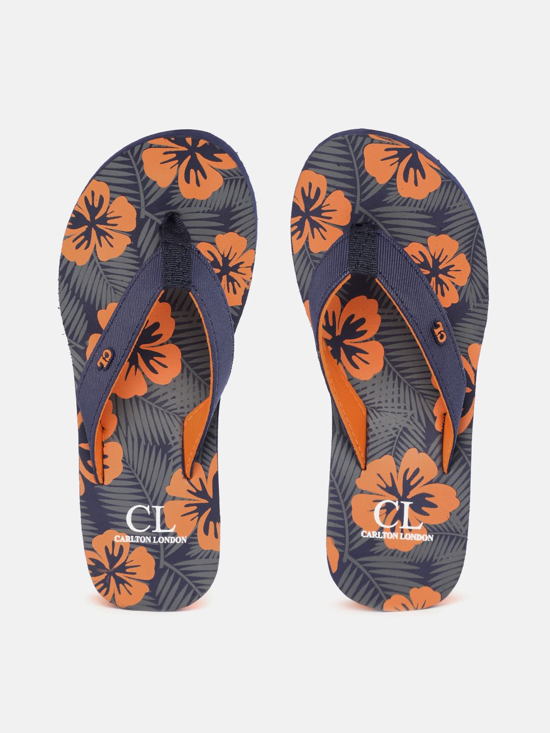 Carlton London Women Navy Blue & Orange Floral Print Thong Flip-Flops Price in India