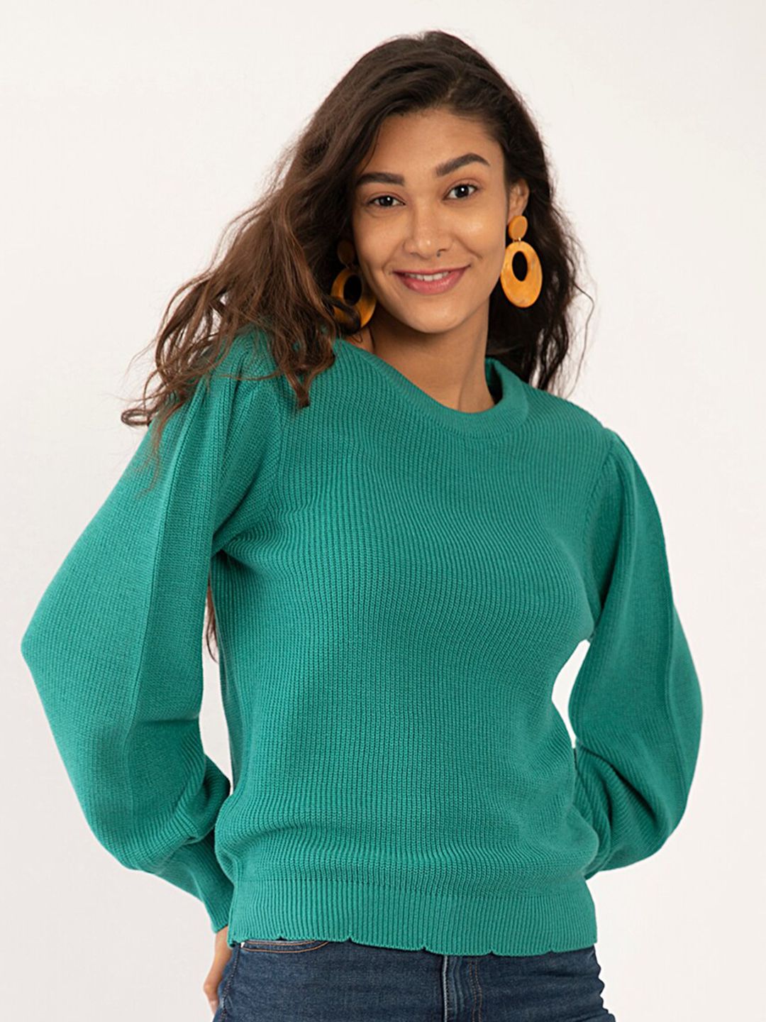 Zink London Women Green Ribbed Acrylic Pullover Price in India