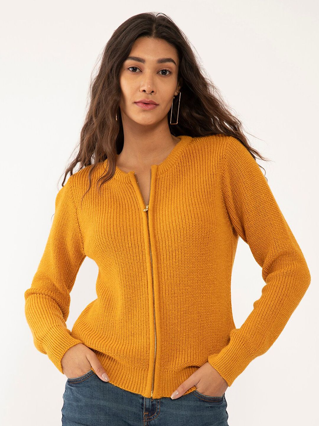 Zink London Women Yellow Ribbed Front-Open Sweater Price in India