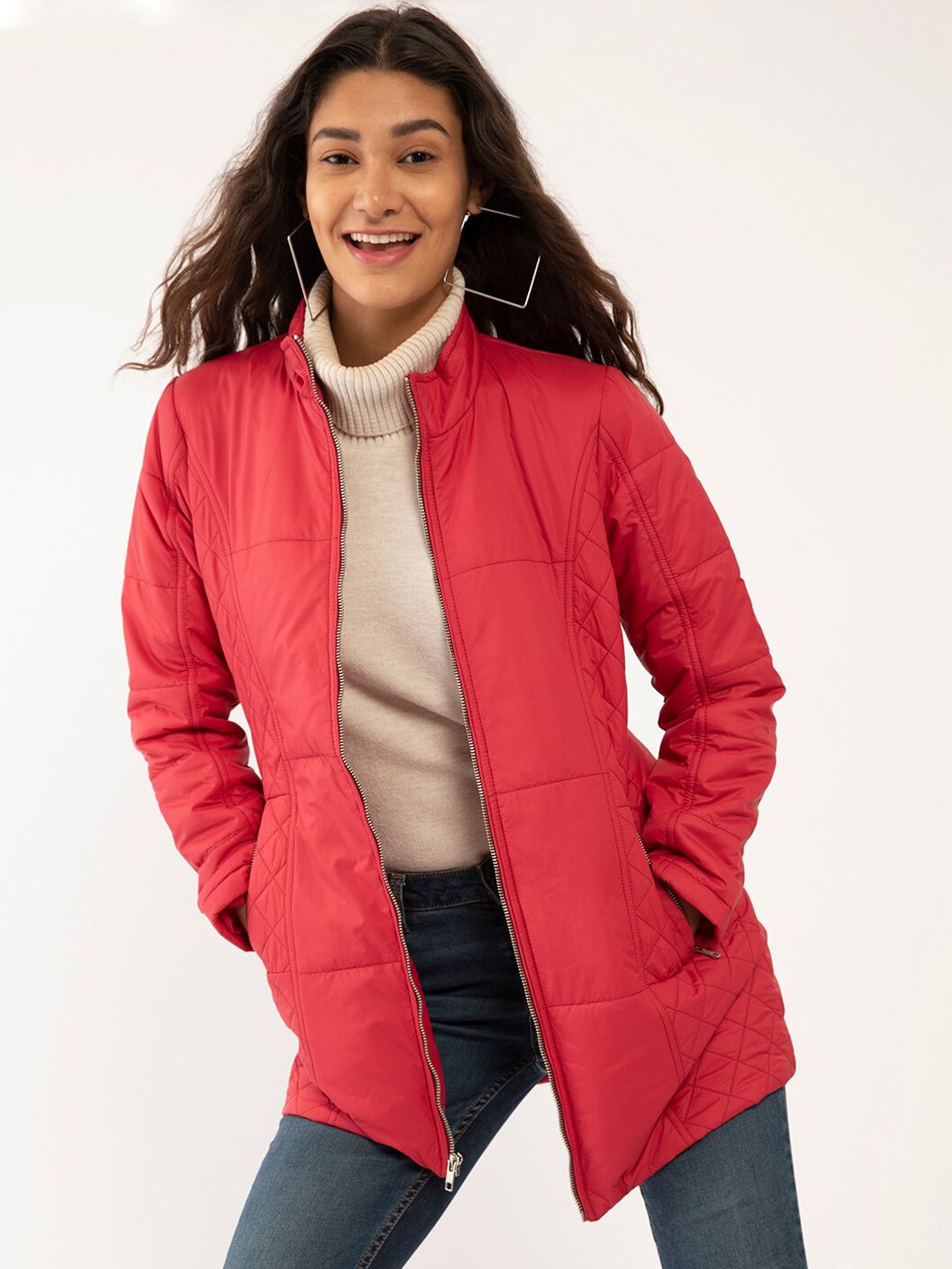 Zink London Women Red Solid Quilted Jackets Price in India