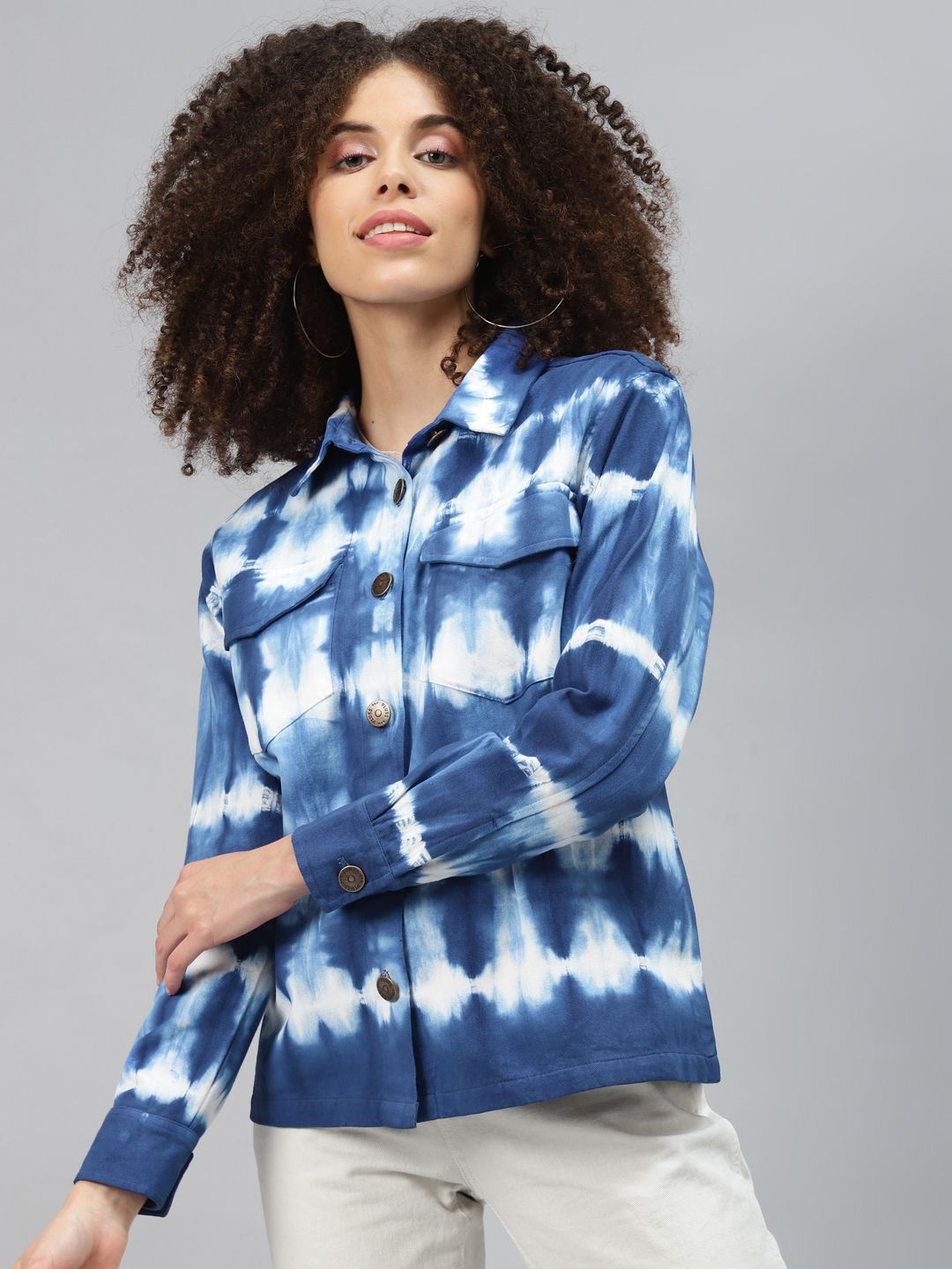 plusS Women Blue White Tie and Dye Tailored Jacket Price in India