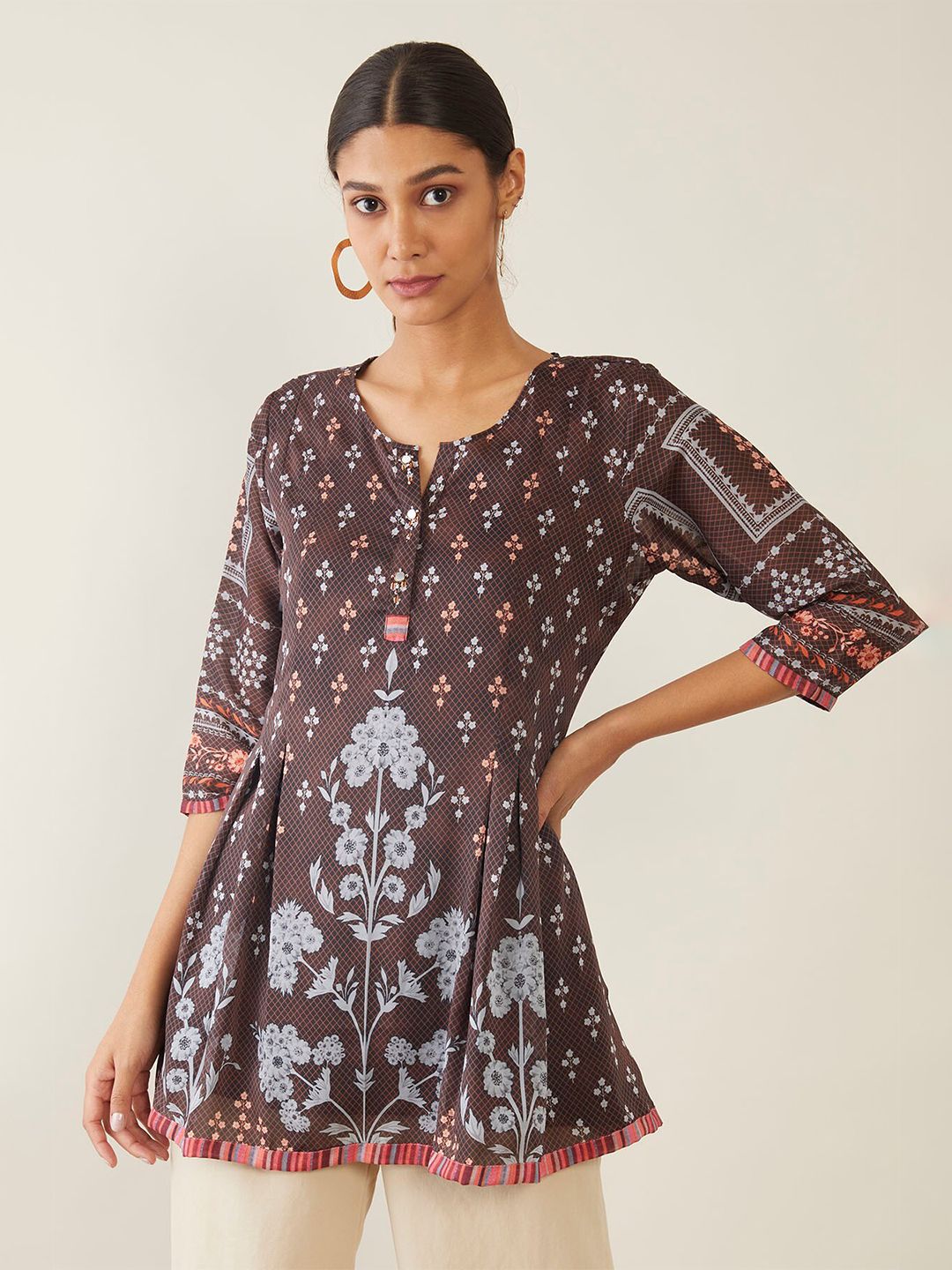 Soch Brown & Grey Georgette Printed Tunic Price in India