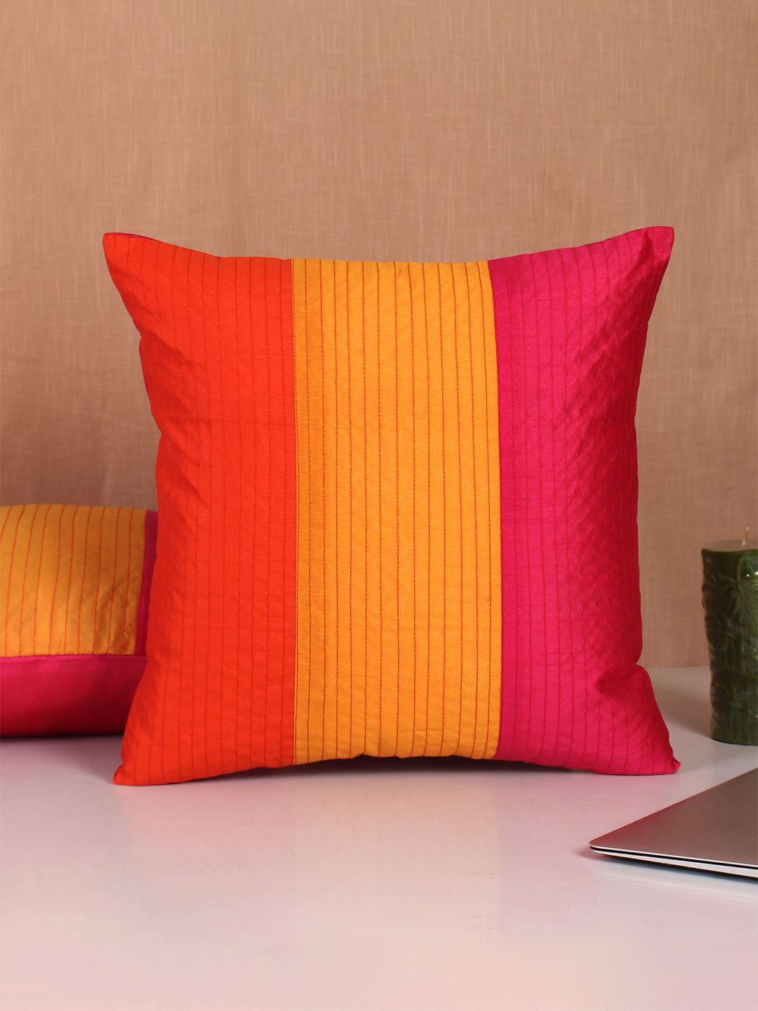 Molcha Pink & Orange Set of 2 Striped Square Cushion Covers Price in India