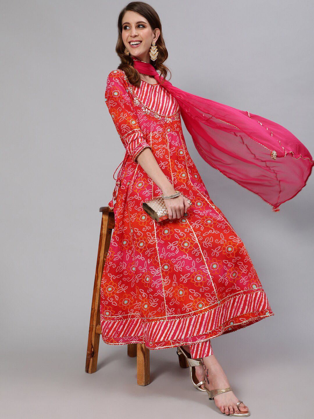 Ishin Women Pink & Red Bandhani Thread Work Pure Cotton Kurta with Trousers & Dupatta Price in India