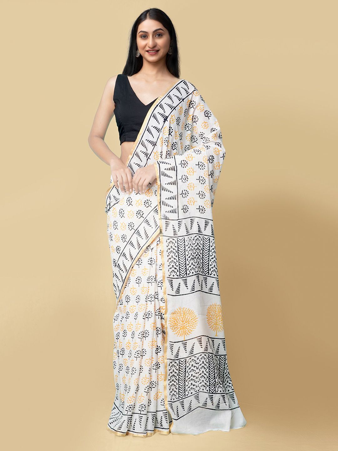 Unnati Silks White & Black Floral Printed Handloom Zari Pure Cotton Block Print Saree