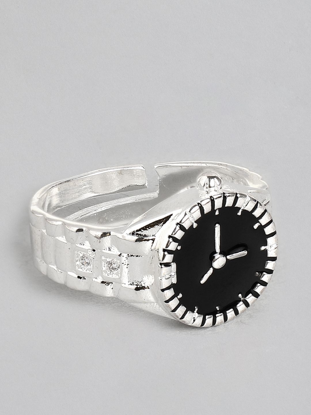 Jewels Galaxy Black Silver-Plated Clock Shaped Adjustable Finger Ring Price in India
