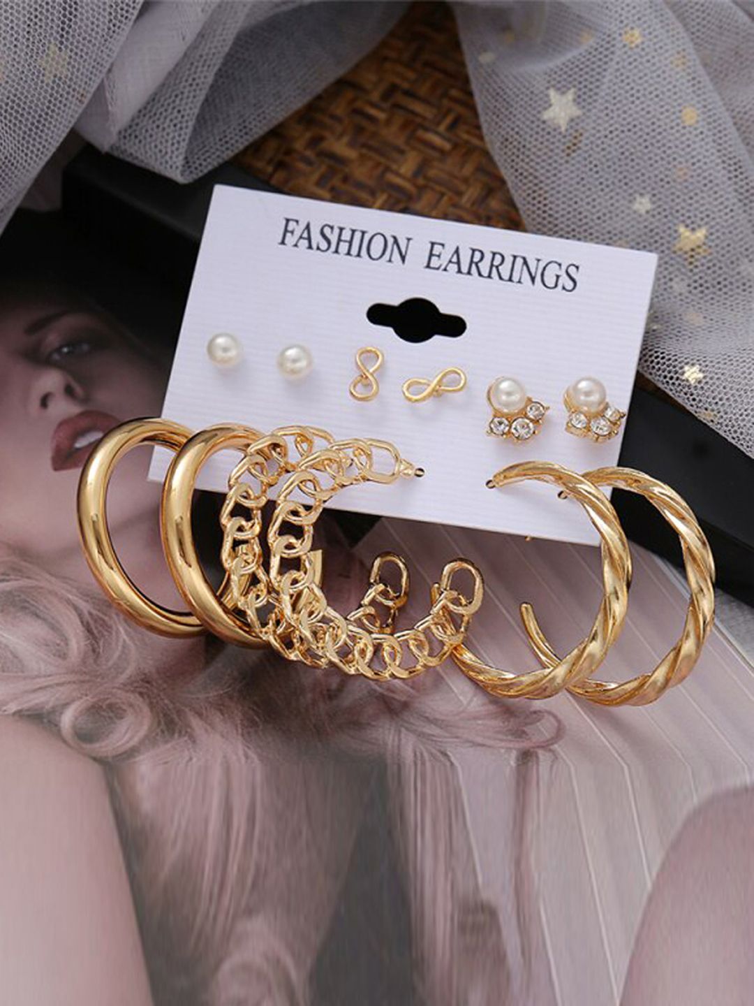 Jewels Galaxy Set of 6 Gold-Toned & White Classic Studs & Hoop Earrings Price in India