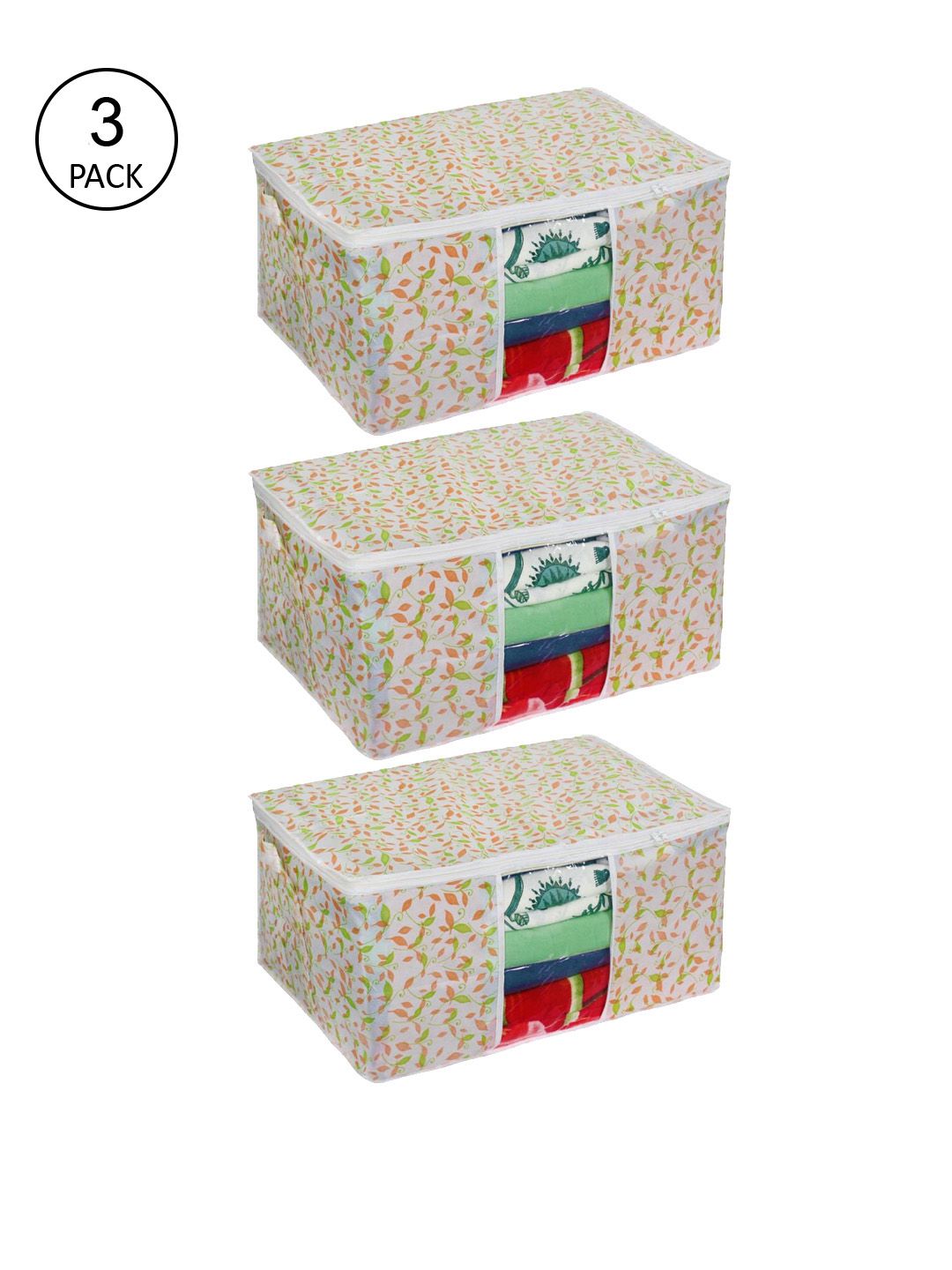 prettykrafts Set Of 3 White & Green Printed Underbed Large Storage Organisers Price in India