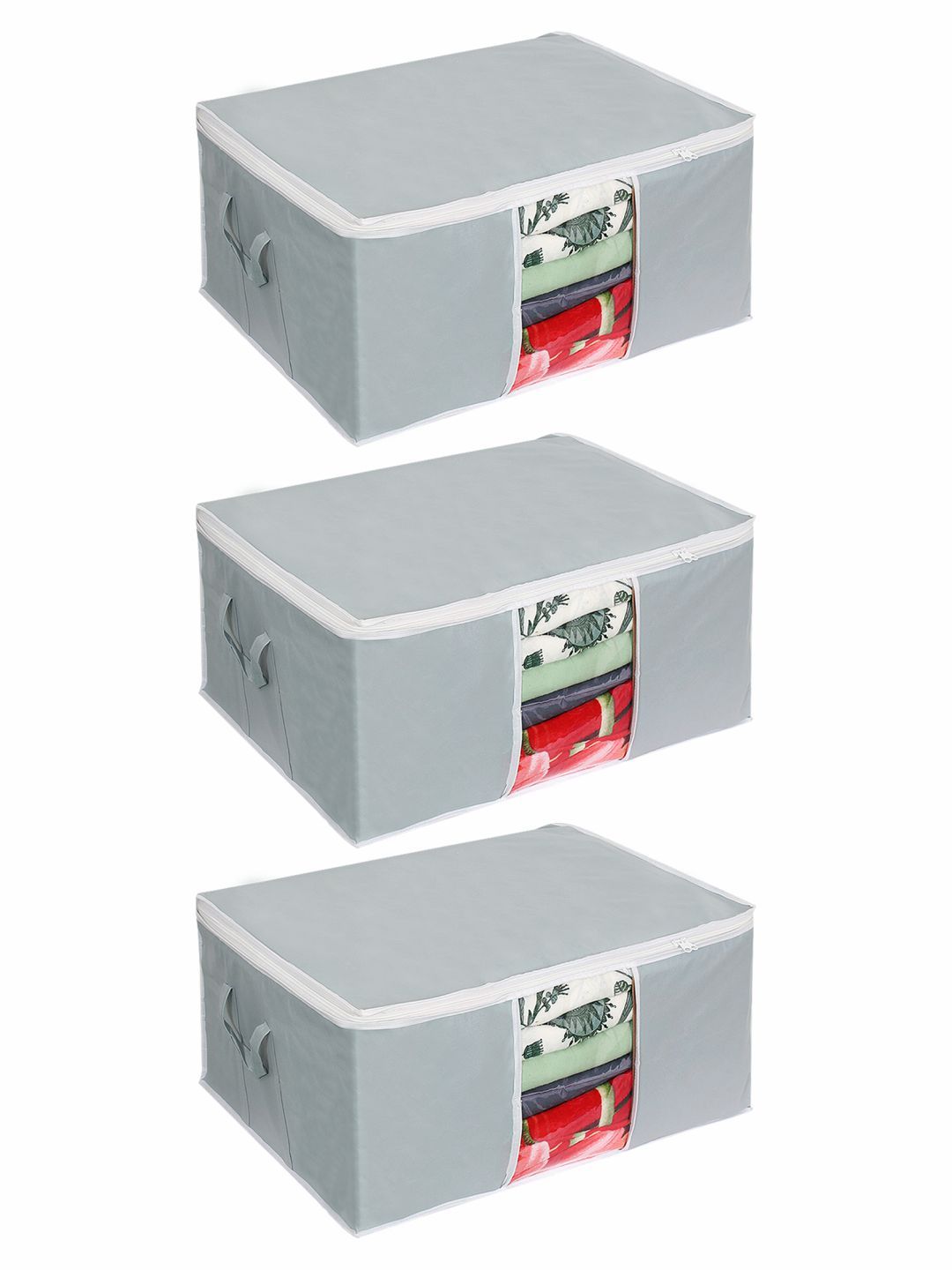 prettykrafts Set Of 3 Grey Solid Underbed Large Storage Organisers Price in India