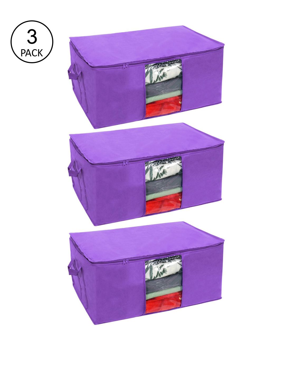 prettykrafts Set Of 3 Purple Solid Underbed Large Storage Organisers Price in India
