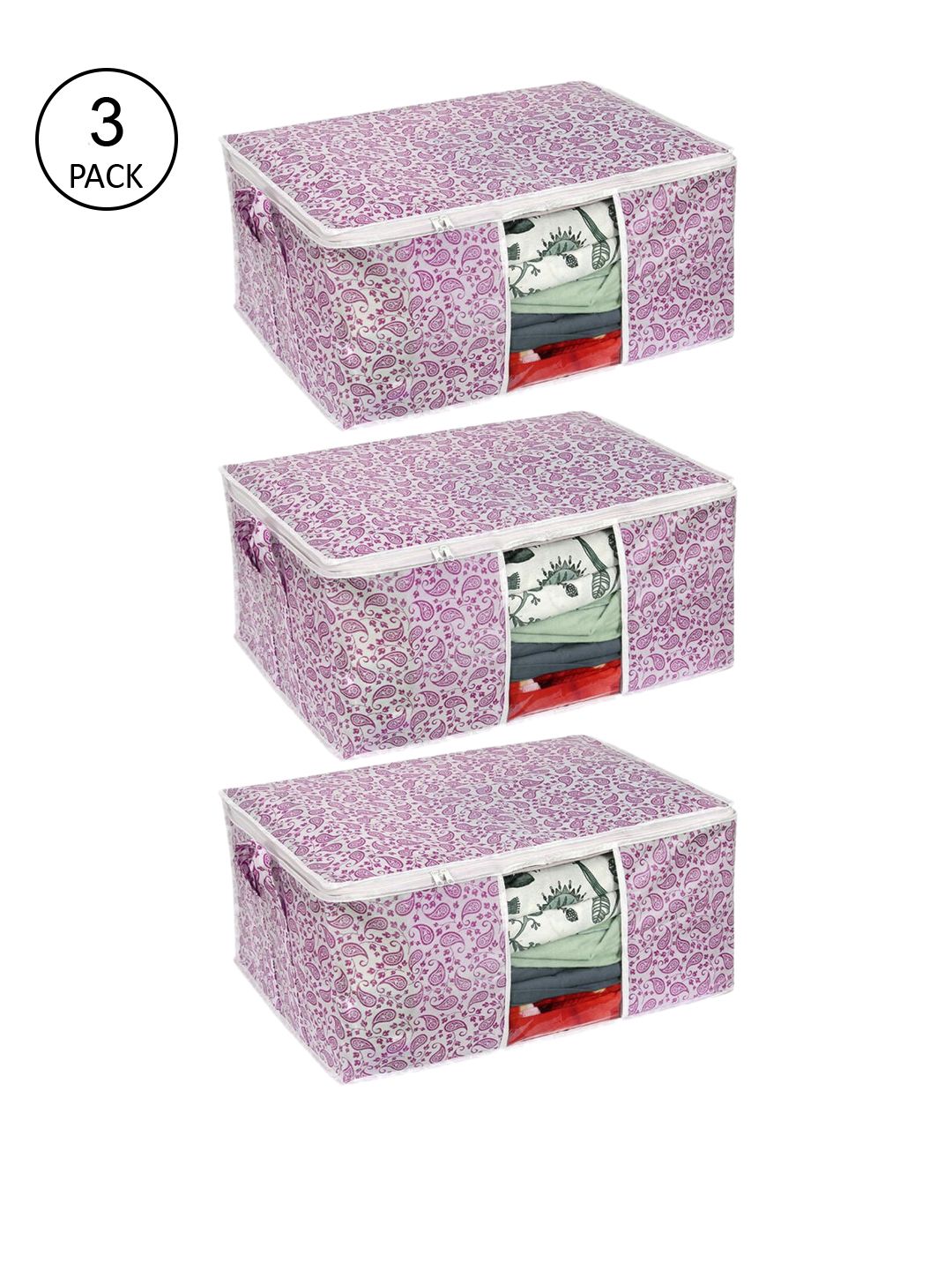 prettykrafts Set Of 3 Pink Printed Underbed Large Storage Organisers Price in India