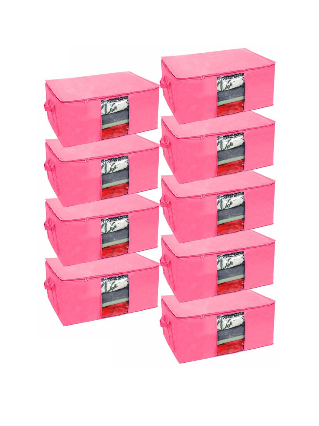 prettykrafts Set Of 9 Pink Solid Underbed Large Storage Bags With Transparent Window Price in India