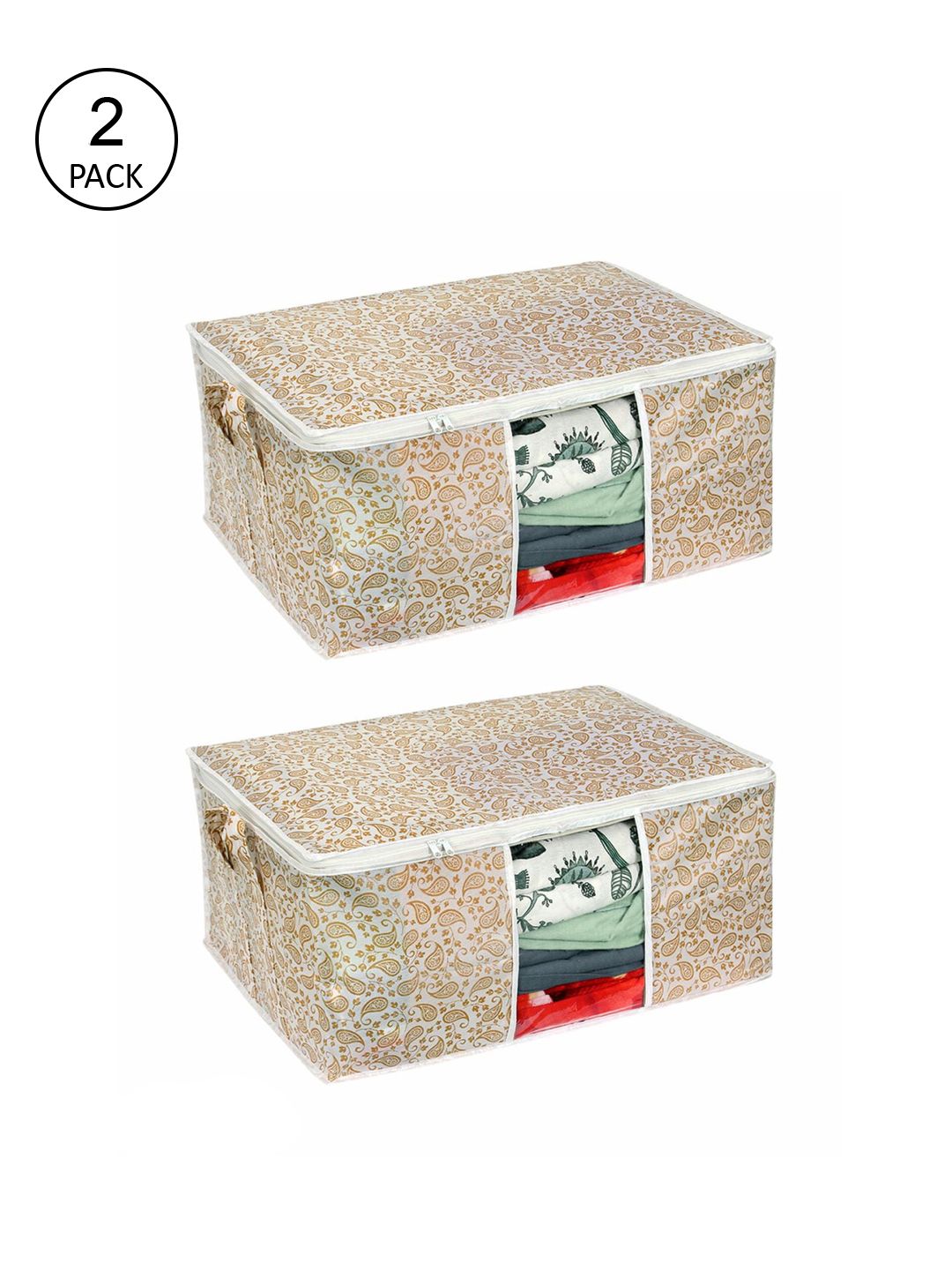 prettykrafts Set Of 2 White & Beige Underbed Large Storage Bags With Transparent Window Price in India