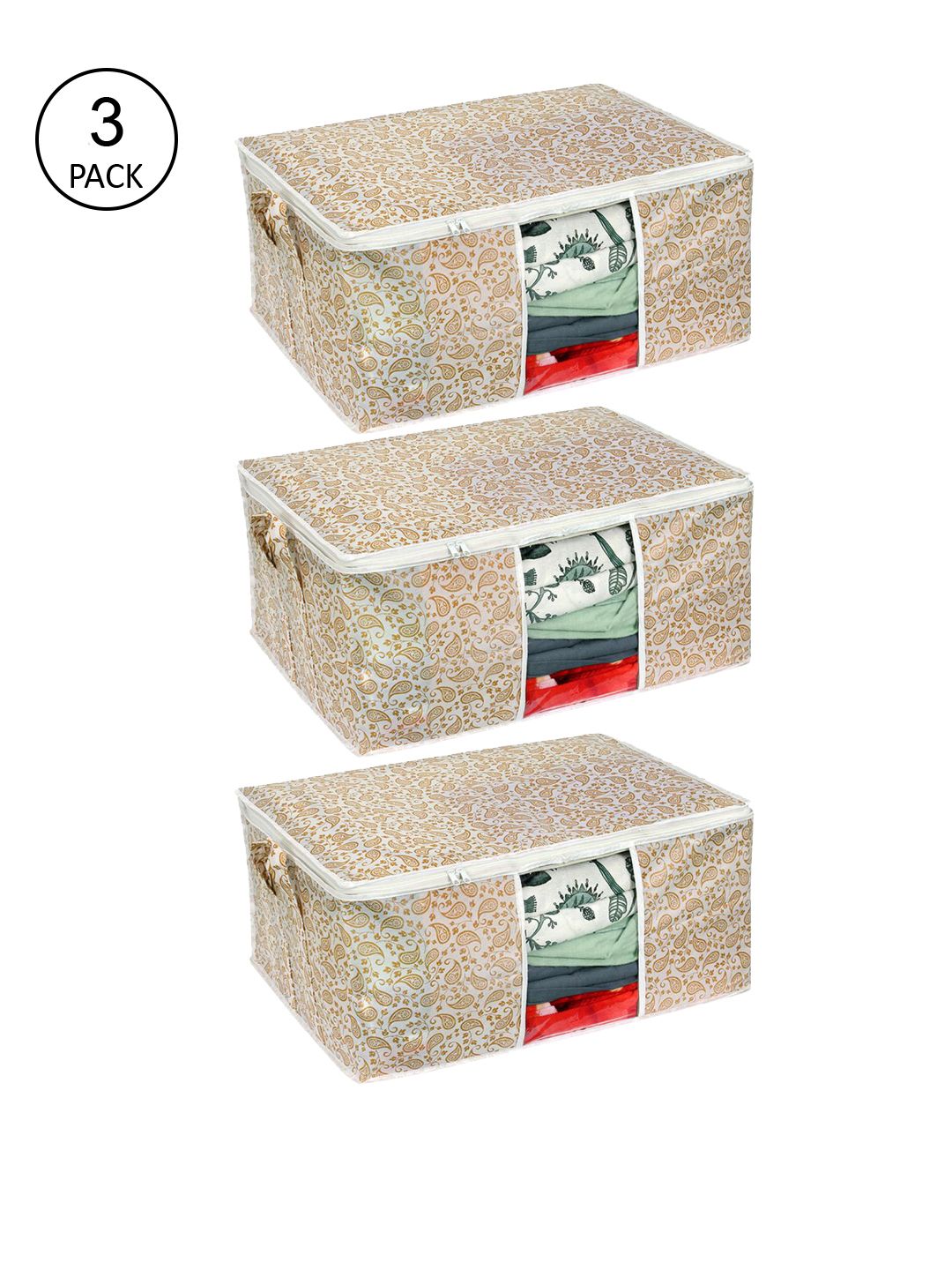 prettykrafts Set Of 3 White & Beige Underbed Large Storage Bags With Transparent Window Price in India