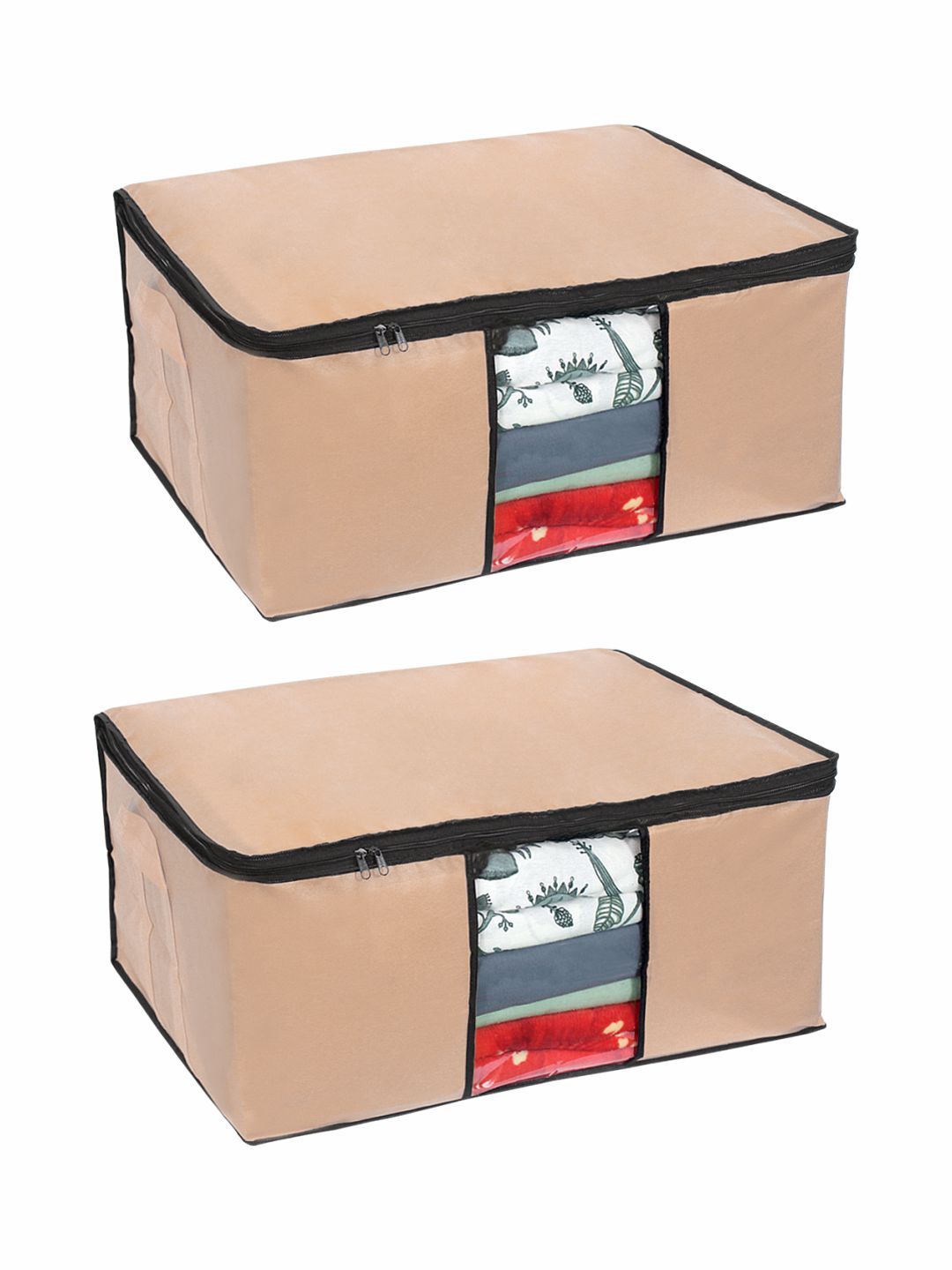 prettykrafts Set Of 2 Beige Solid Underbed Large Storage Bags With Transparent Window Price in India