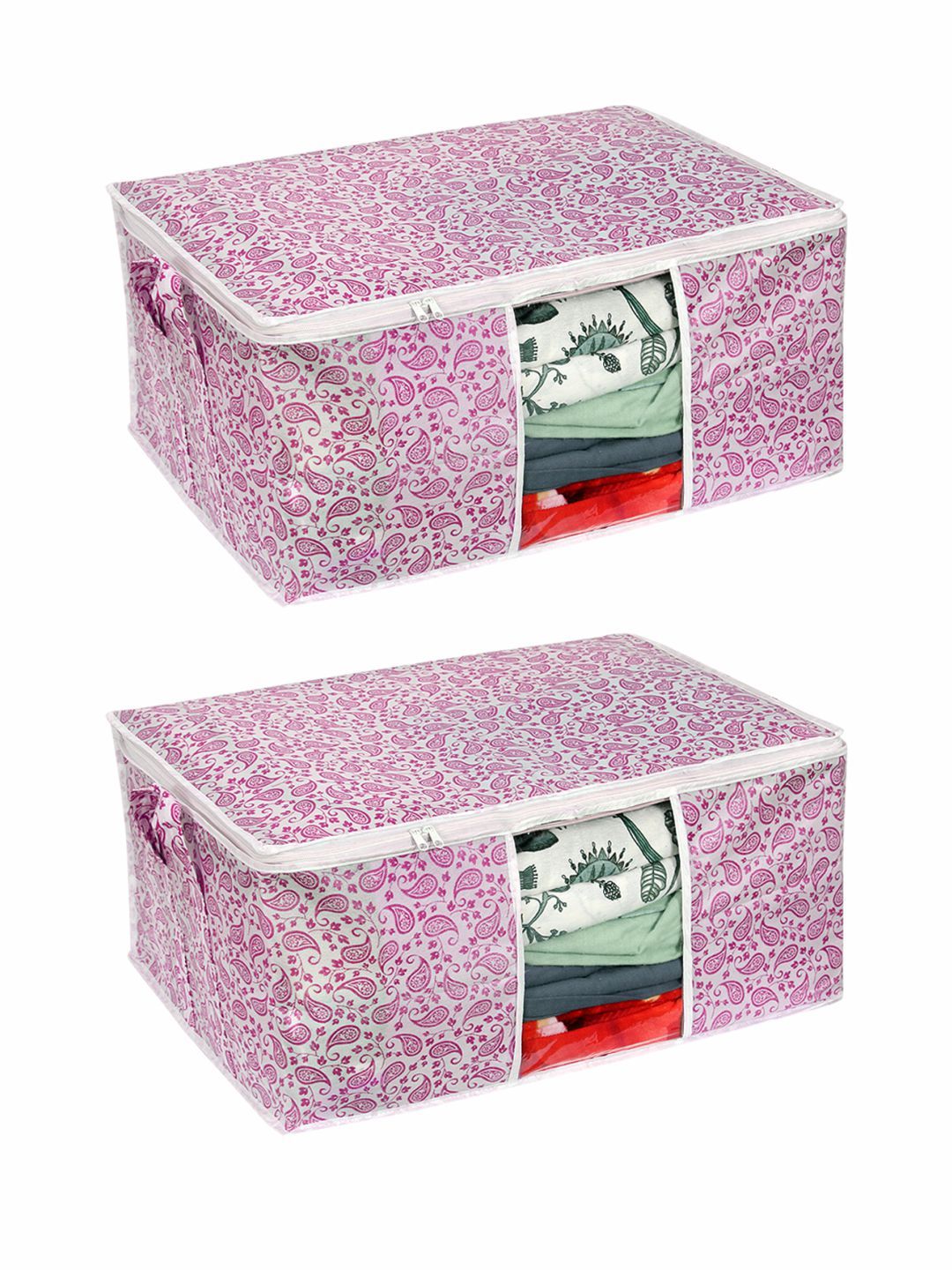 prettykrafts Set Of 2 Pink Printed Underbed Large Storage Bags With Transparent Window Price in India