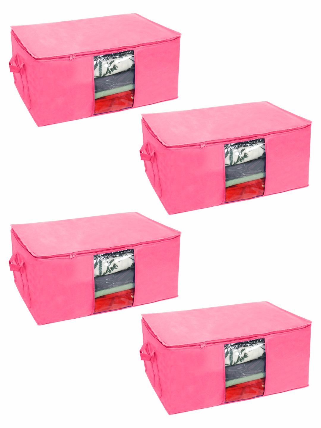prettykrafts Set Of 4 Pink Solid Underbed Large Storage Bags With Transparent Window Price in India