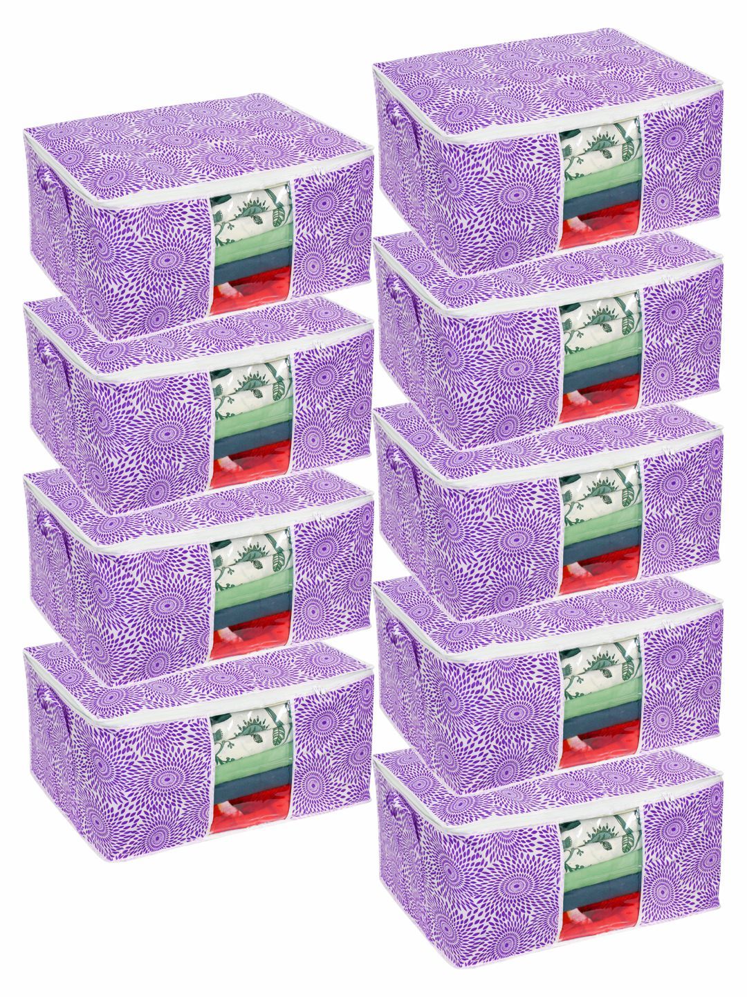 prettykrafts Set Of 9 Purple Printed Underbed Large Storage Bags With Transparent Window Price in India