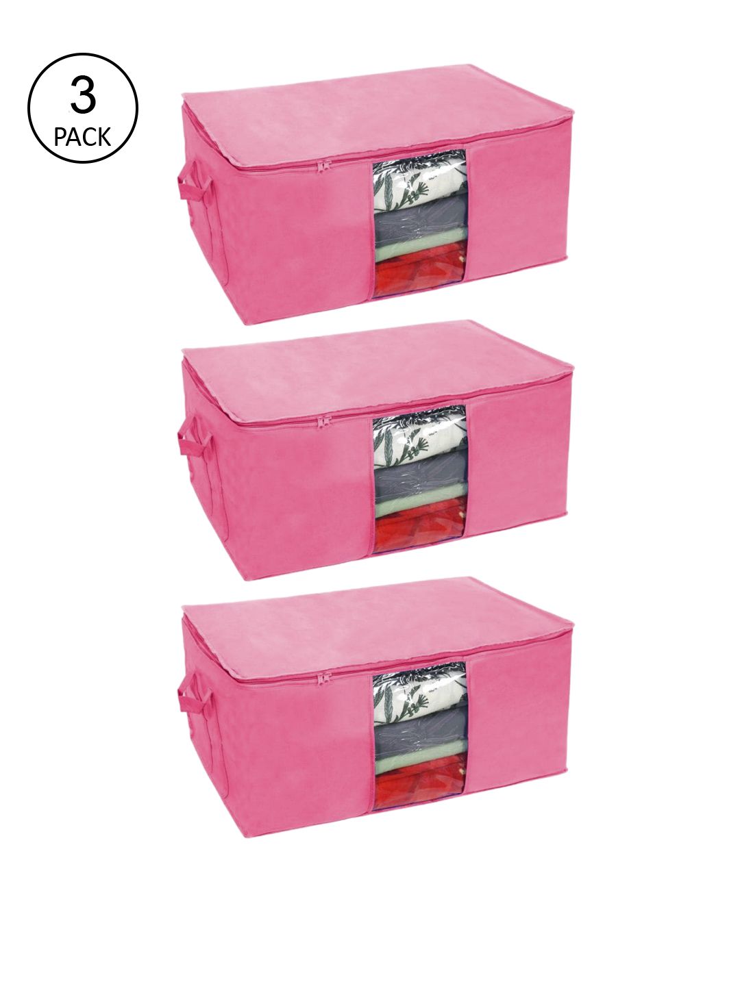 prettykrafts Set Of 3 Pink Solid Underbed Large Storage Bags With Transparent Window Price in India