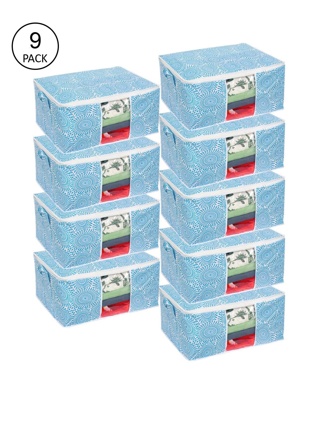 prettykrafts Set Of 9 Blue Printed Underbed Large Storage Bags With Transparent Window Price in India