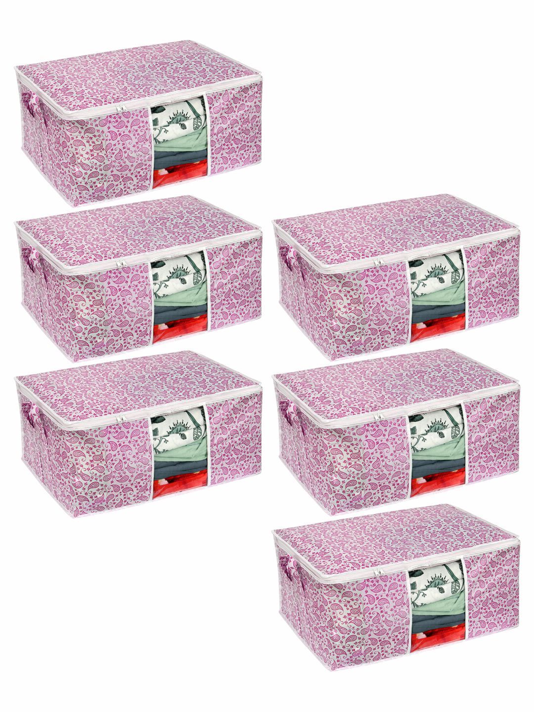 prettykrafts Set Of 6 Pink Printed Underbed Large Storage Bags With Transparent Window Price in India