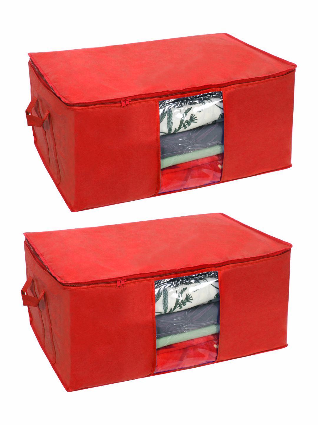 prettykrafts Set Of 2 Red Solid Underbed Large Storage Bags With Transparent Window Price in India
