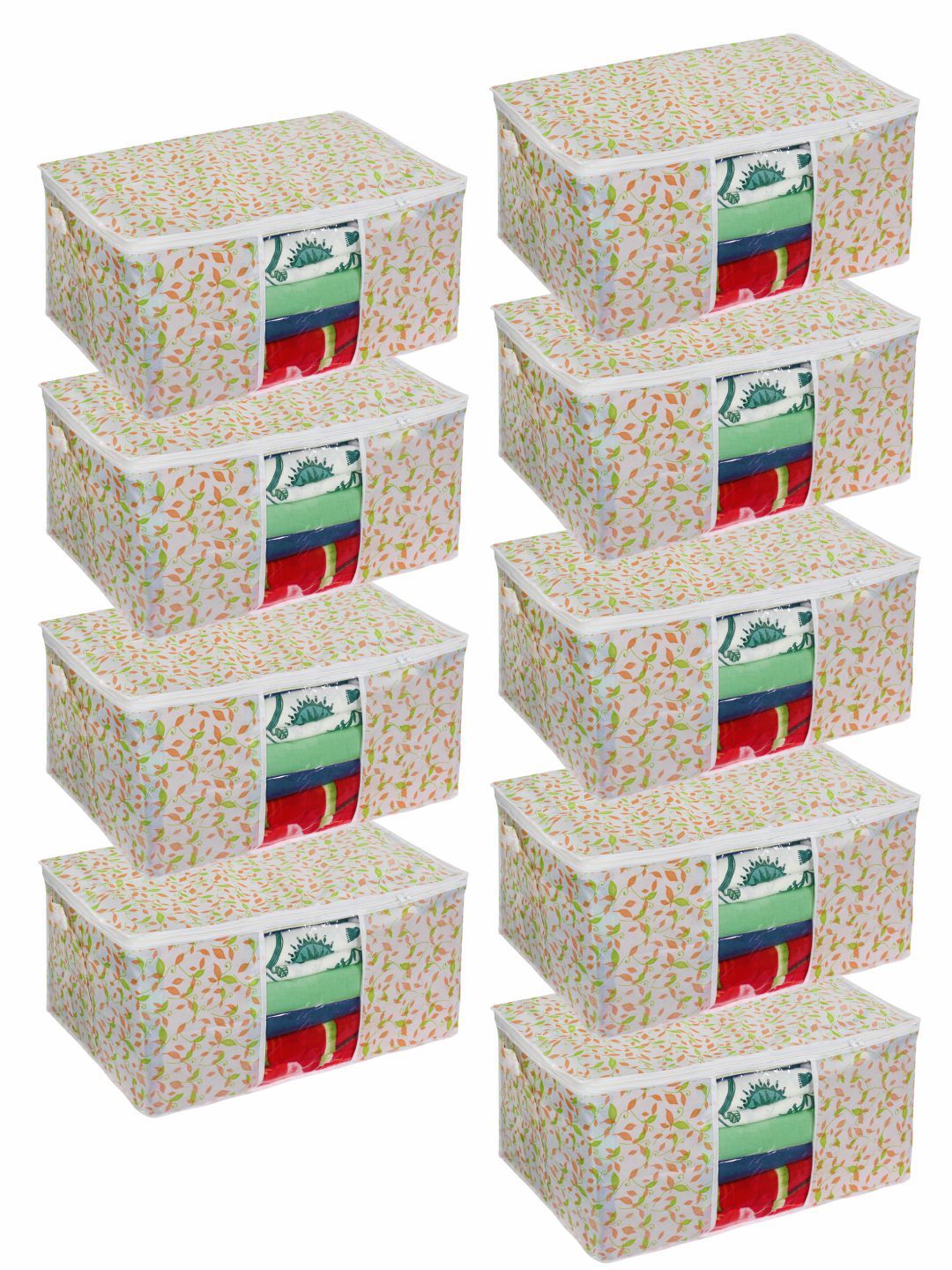 prettykrafts Set Of 9 White Printed Underbed Large Storage Bags With Transparent Window Price in India