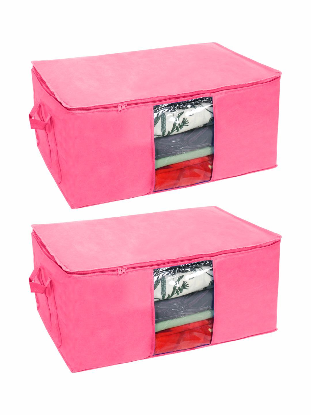 prettykrafts Set Of 2 Pink Solid Underbed Large Storage Bags With Transparent Window Price in India