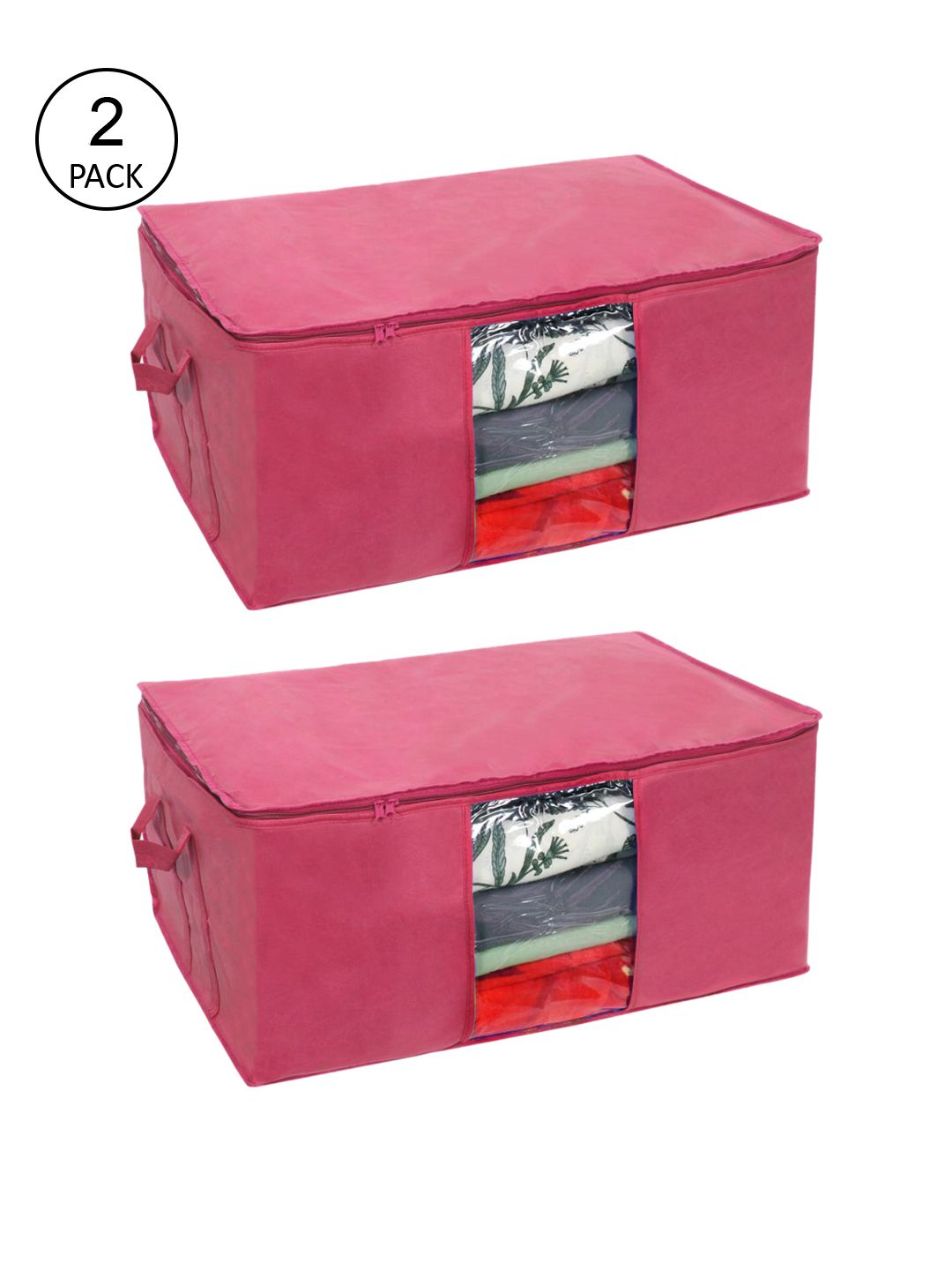 prettykrafts Set Of 2 Pink Solid Storage Bags With Transparent Window Price in India