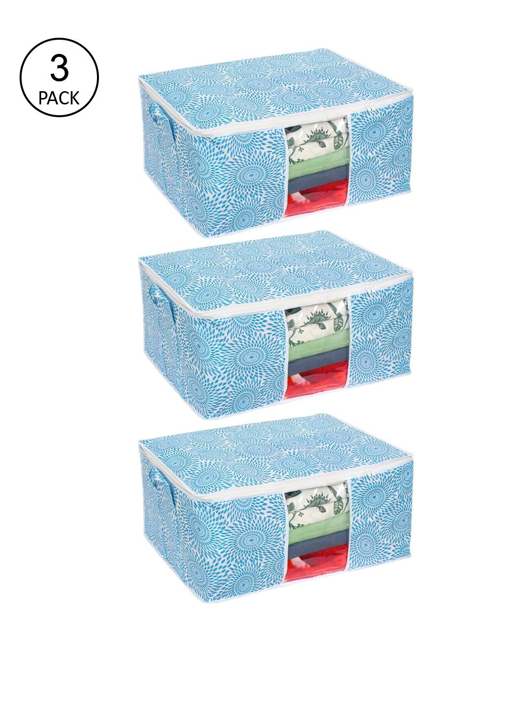 prettykrafts Set Of 3 White & Blue Printed Storage Bags With Transparent Window Price in India