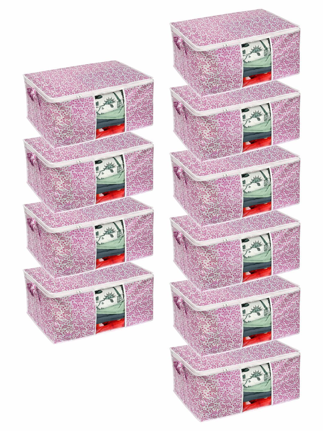 prettykrafts Set Of 9 White & Pink Printed Storage Bags With Transparent Window Price in India