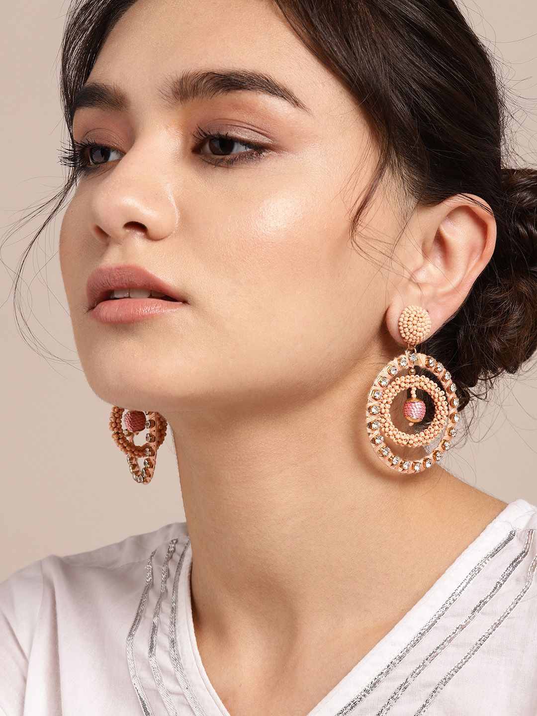 Sangria Peach-Coloured Stone-Studded Beaded Threadwork Detail Circular Drop Earrings Price in India