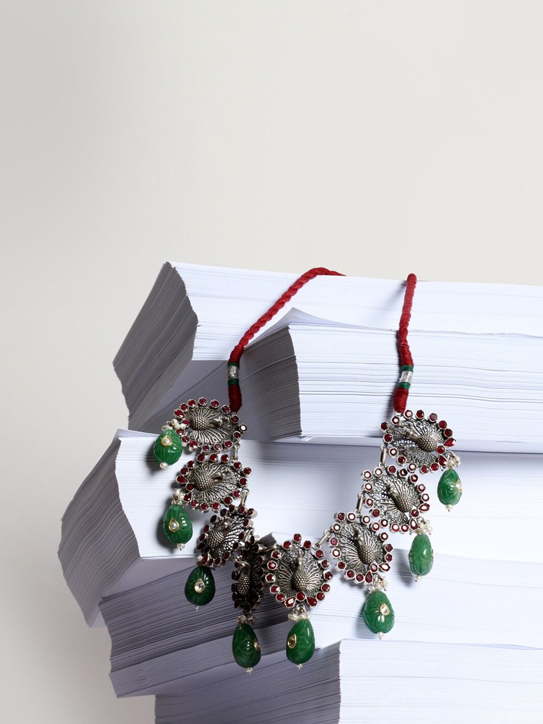 SANGEETA BOOCHRA Silver-Plated & Green Handcrafted Statement Necklace Price in India