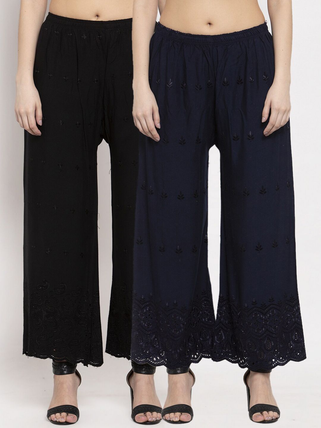 Miaz Lifestyle Women Pack of 2 Black & Navy Blue Embroidered Ethnic Palazzos Price in India