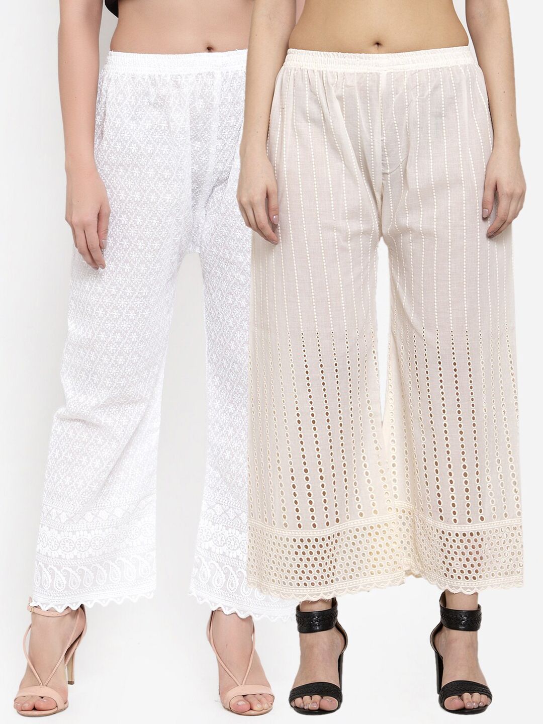 Miaz Lifestyle Women Pack of 2 White & Off White Embroidered Ethnic Palazzos Price in India