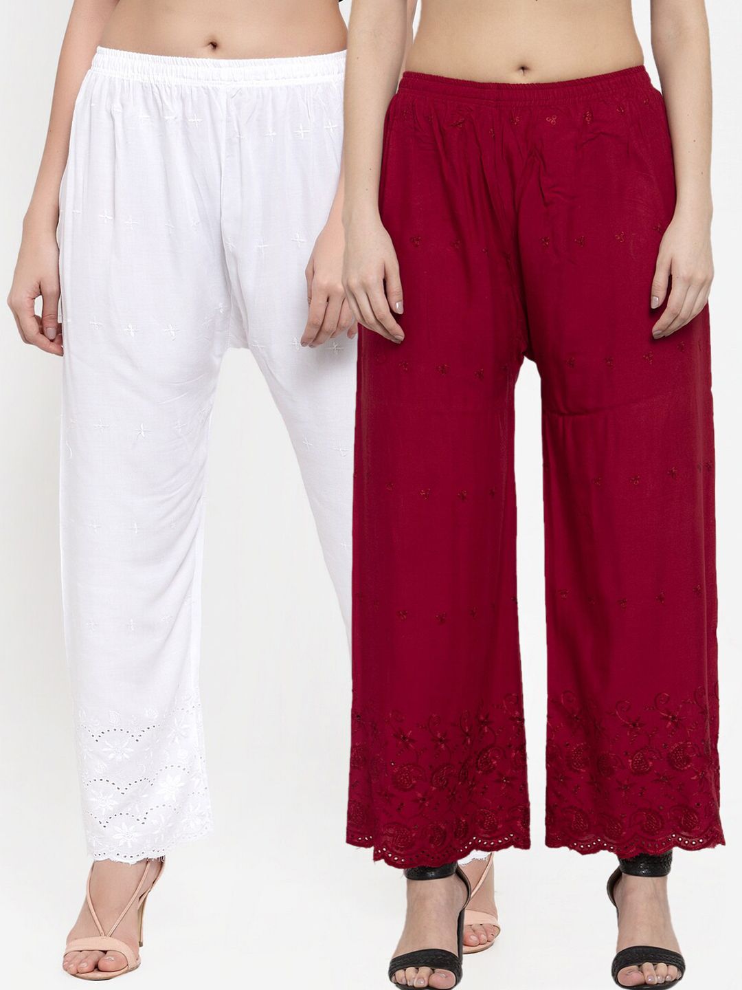 Miaz Lifestyle Women Pack of 2 Maroon & White Embroidered Ethnic Palazzos Price in India