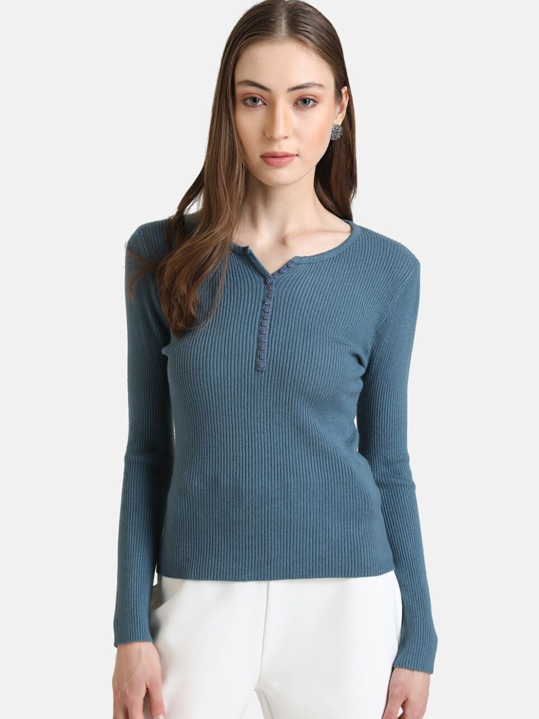 Kazo Women Blue Front Button Detail Pullover Sweater Price in India