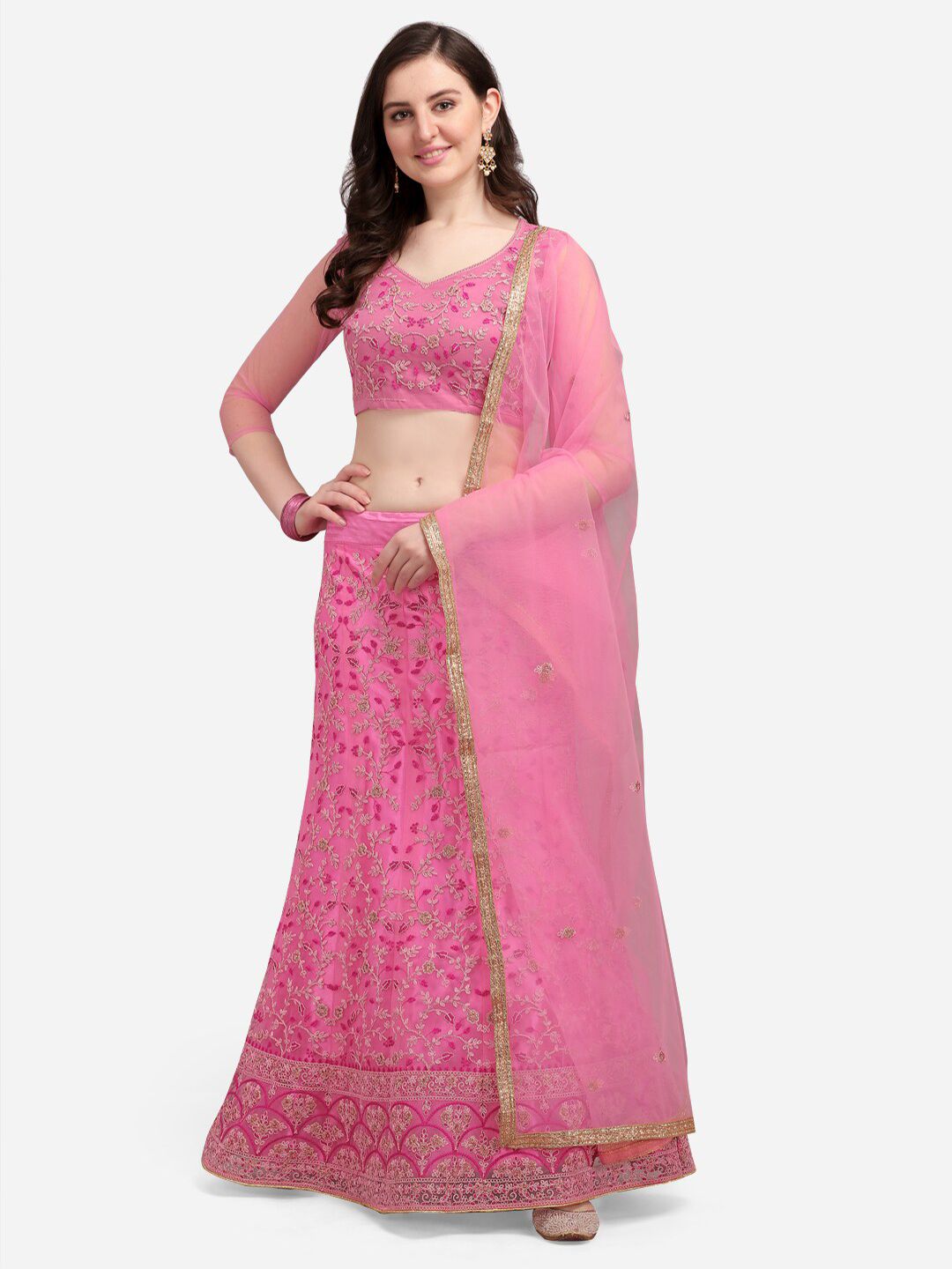 Satrani Pink & Silver-Toned Embroidered Semi-Stitched Lehenga & Blouse With Dupatta Price in India