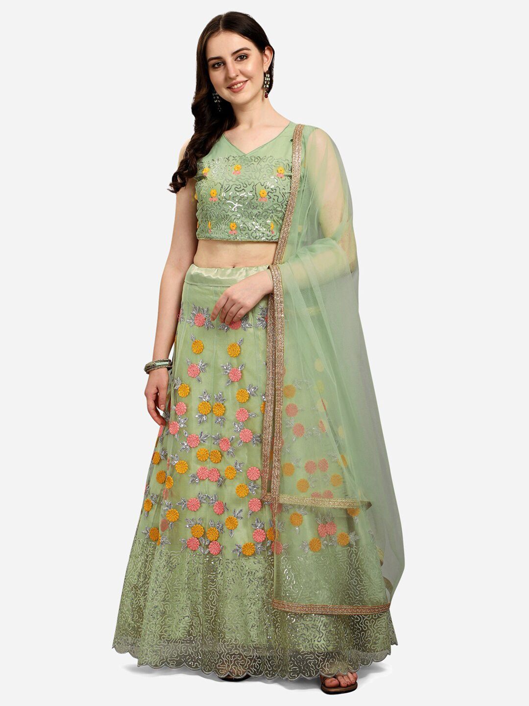 Satrani Olive Green & Pink Embroidered Semi-Stitched Lehenga & Blouse With Dupatta Price in India