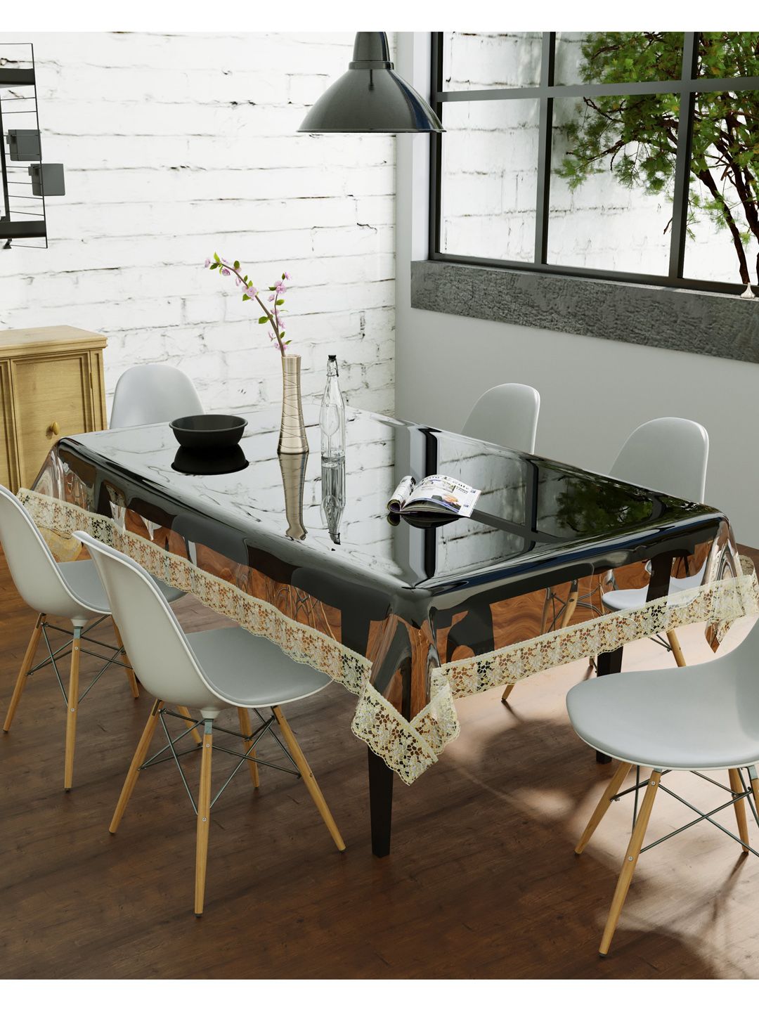 Clasiko Unisex Transparent & Cream-Coloured Solid 6-Seater Rectangle Table Cover Price in India