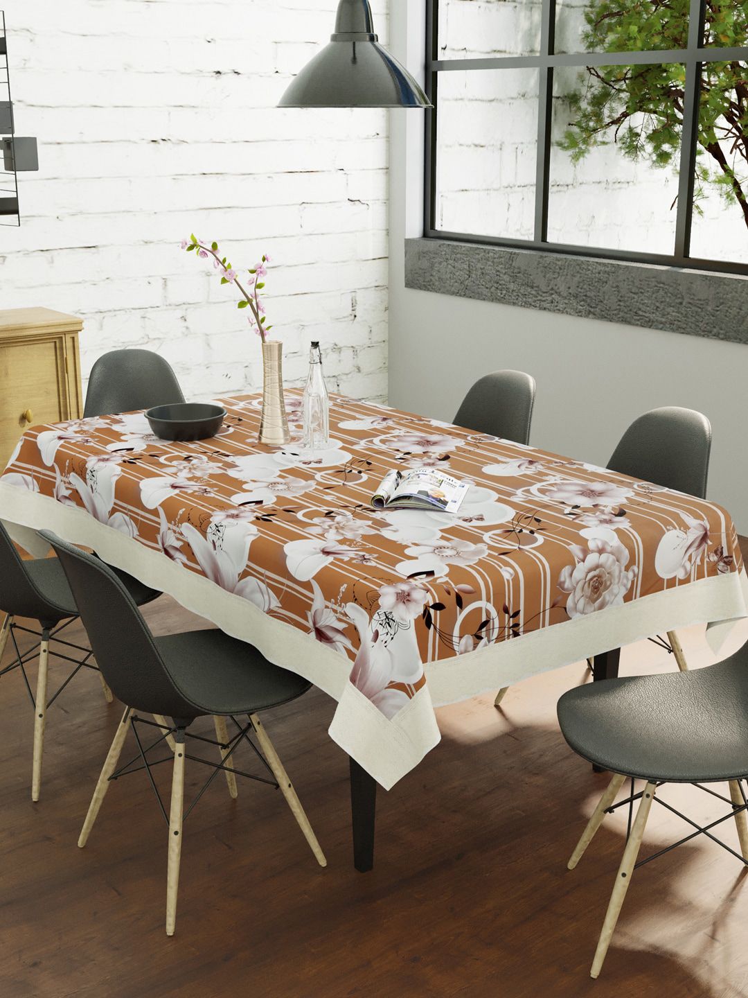 Clasiko Brown & White Printed 6-Seater Rectangle Table Cover Price in India