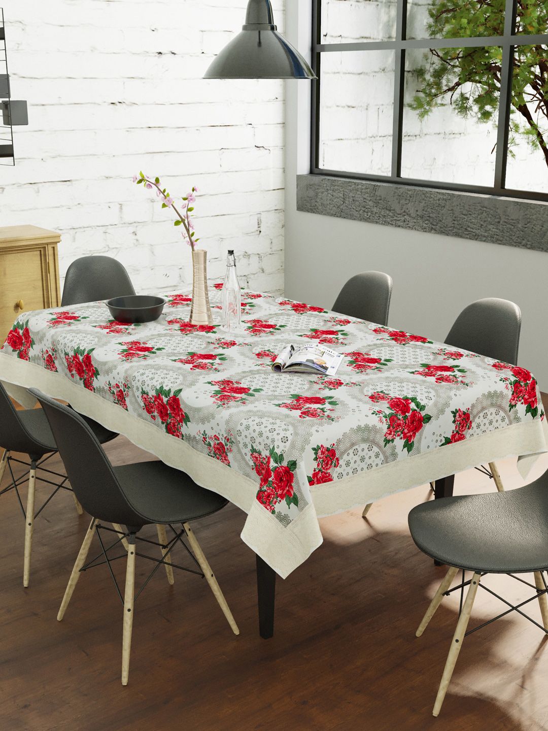 Clasiko White & Red Printed 6-Seater Rectangle Table Cover Price in India
