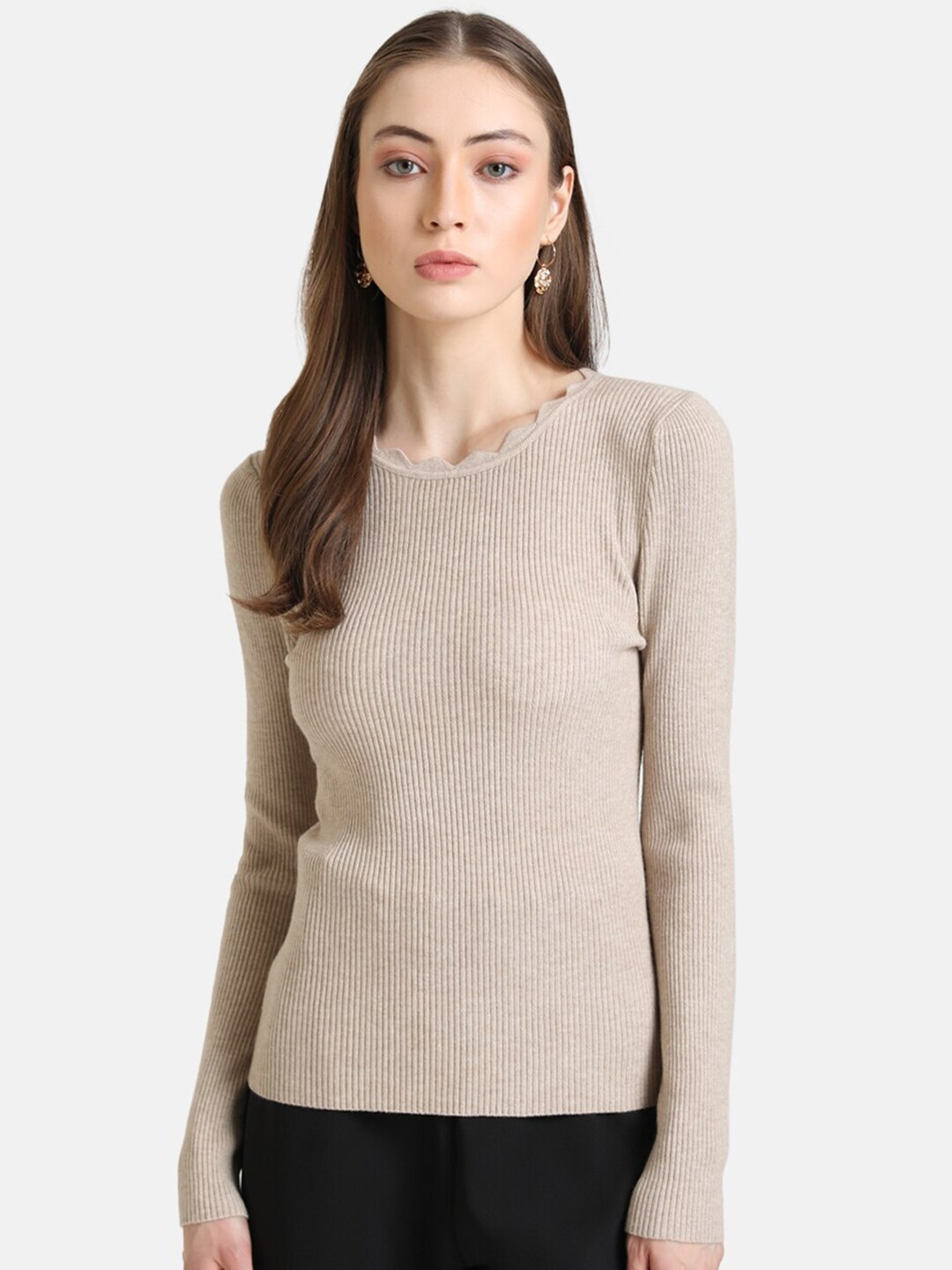 Kazo Women Beige Ribbed Pullover Price in India