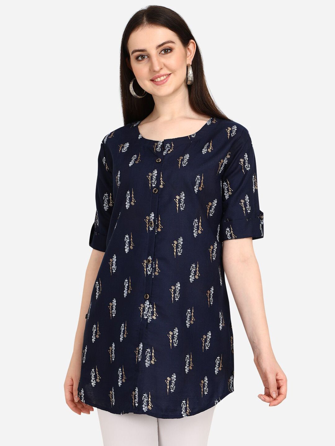 OM SAI LATEST CREATION Navy Blue & Gold-Toned Ethnic Motifs Printed Kurti