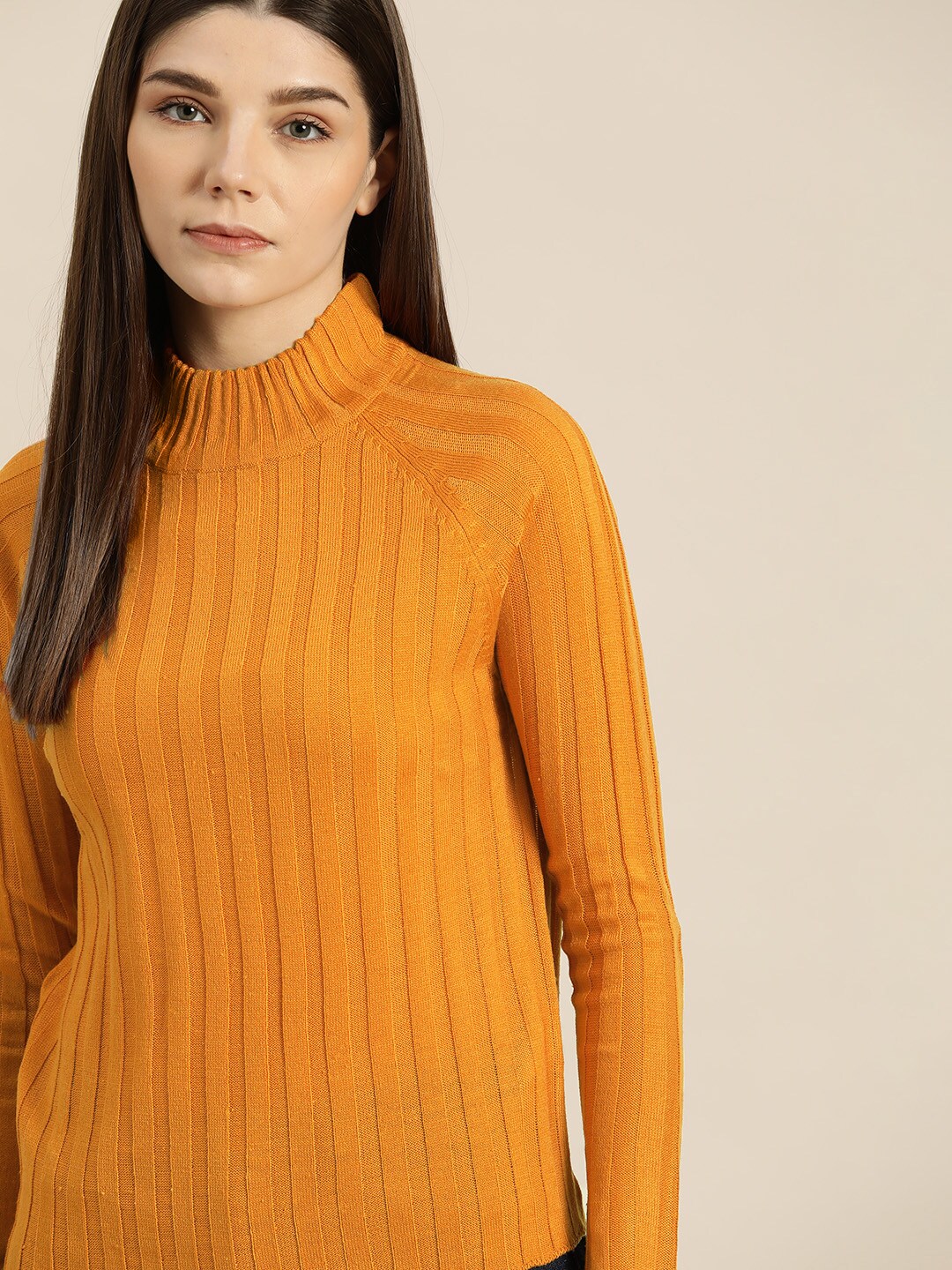 ether Women Orange Self Design Striped Pullover Price in India