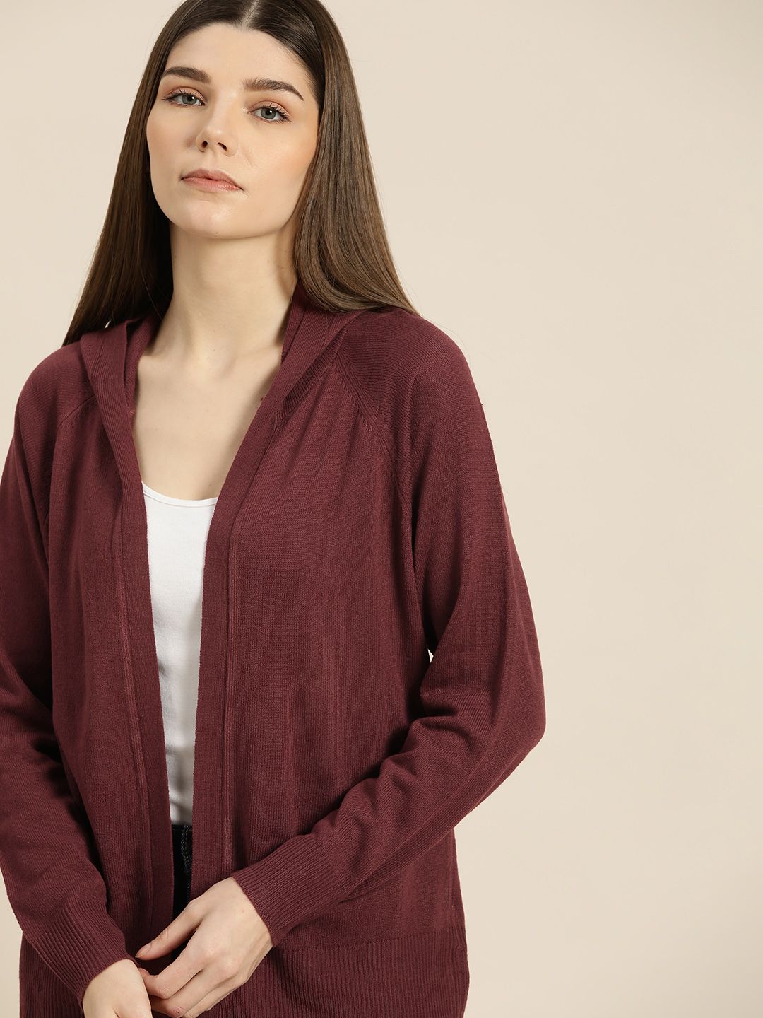 ether Women Maroon Solid Front Open Sweater Price in India
